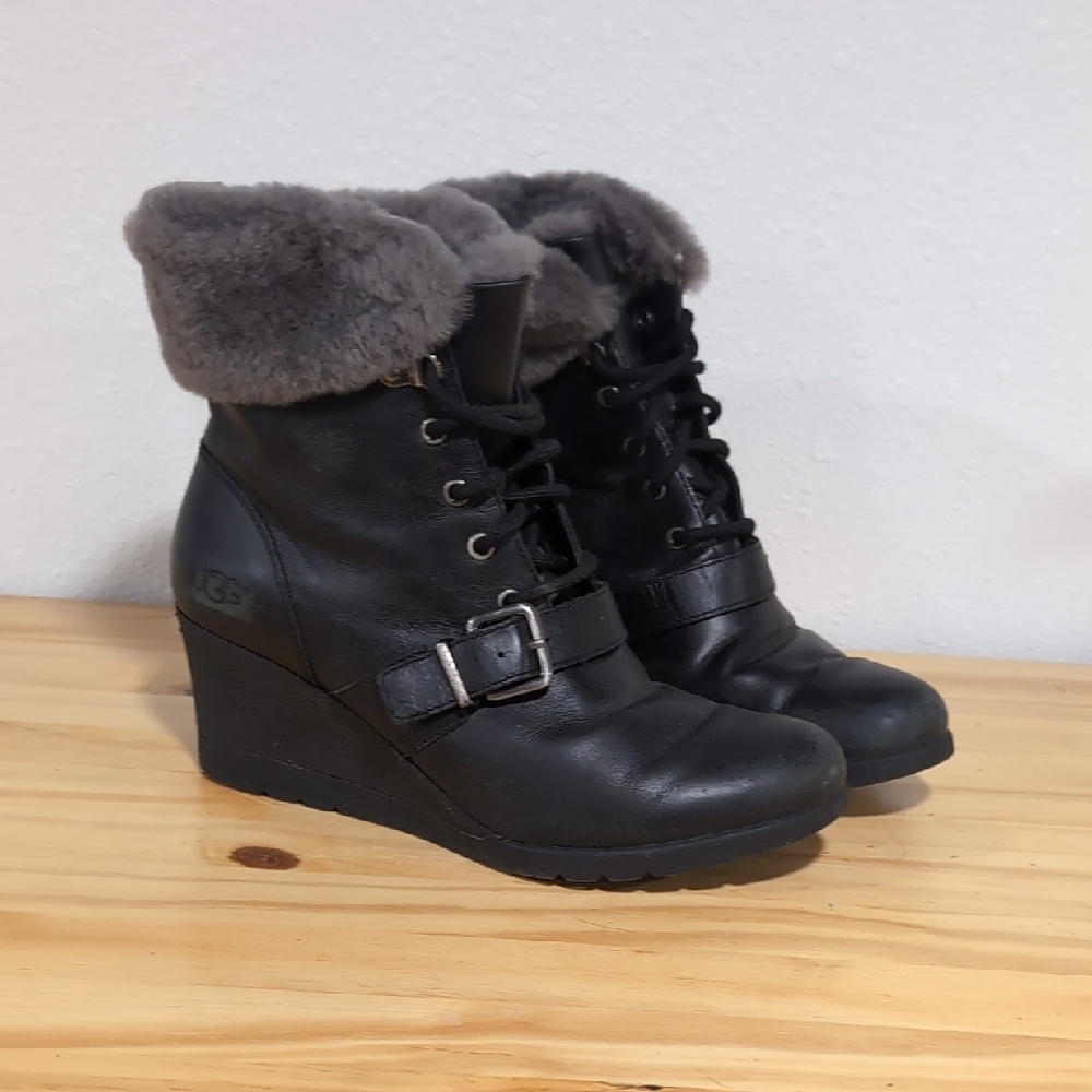 UGG Women's Black Leather Wedge Boots